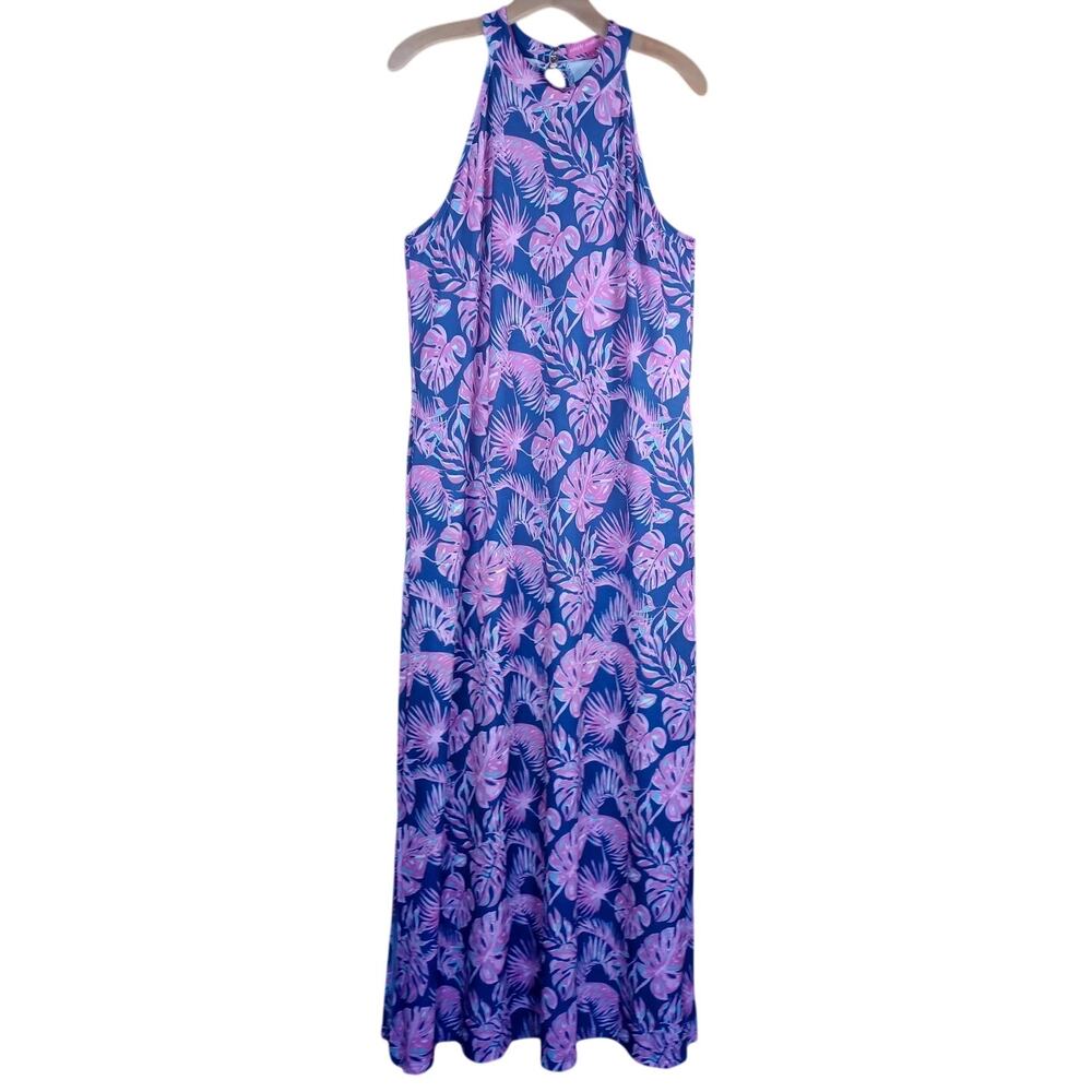 Simply Southern Tropical Palm Leaf Halter Maxi Dress Blue Pink Resort Beach L - Picture 2 of 9